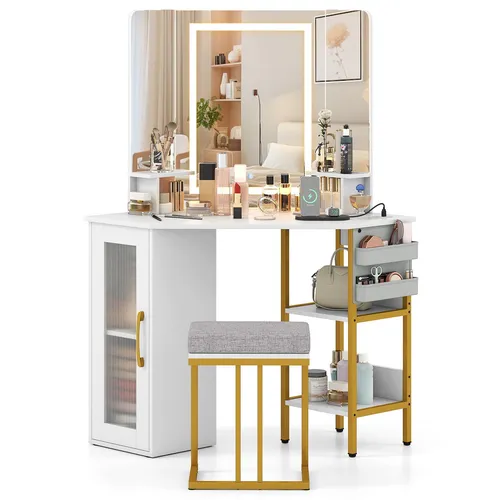 COSTWAY Eck Schminktisch mit Hocker, LED Beleuchtung & Ladestation, Eck-Frisiertisch Kosmetiktisch mit Dreifachspiegel & Stauraum Holz Metallrahmen