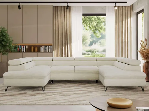 Ecksofa PABLO U mit Schlaffunktion und Bettkasten - Creme - Modernes U-förmiges Ecksofa mit verstellbaren Kopfstützen, ideal für entspannte Abende. Der integrierte Bettkasten bietet praktischen Stauraum und die Polsterung aus T30-Schaum sorgt für hohen Sitzkomfort.