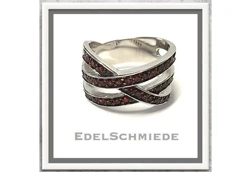 Edelschmiede925 Silberring breiter Damenring 925 Silber rhod mit Granat Ringgröße 59