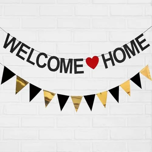 Produktbild LYJOW Welcome Home Girlande Welcome Home girlande banner + Dreieck Flagge Banner gold WILLKOMMEN ZURÜCK für Klassenzimmer Dekoration Welcome Home Girlande Gold Dreieck Flagge