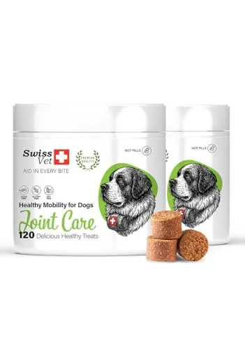 SwissVet Gelenkfutter für Hunde – mit Glucosamin, MSM, Kollagen, Chondroitin sowie VIT. C & E zur Unterstützung von Gelenken & Knochen – EU-Qualität, weiche Kauform, ohne Getreide - 240 Stück