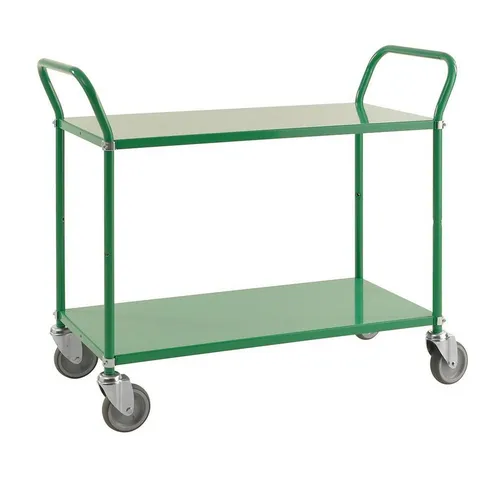 Servierwagen mit 2 Böden – 250 kg Traglast, grün - Robuster Etagenwagen mit 2 Metallböden, ideal für den professionellen Einsatz. Mit 125 mm Drehgestellrollen für einfache Manövrierbarkeit und flexibler Montage der Böden.