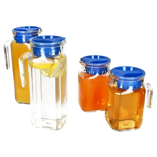 MamboCat 4er Set KARO & KORA Kühlschrankkrug - Praktisches Geschirr-Set mit 1L & 0,5L Glas-Karaffen, ideal für kühle Erfrischungen und perfekt für die Kühlschranktür. Mit breiter Ausgießtülle und Henkel für einfaches Einschenken.
