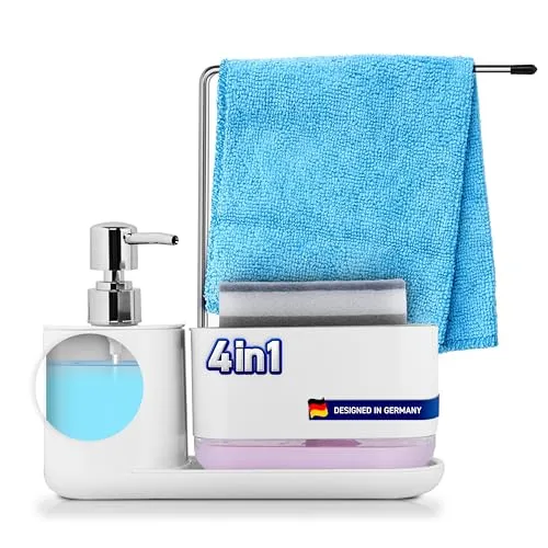 Spülstar Spülmittelspender – 4-in-1 Küchenorganizer – Seifenspender mit genauer Dosierung – Edelstahl Spültuchhalter – Schwammablage mit Tropfschale – Hygienisch + platzsparend – 23x15x10 cm
