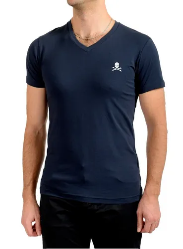 Philip Plein Herren T-Shirt V-Neck Retro Slim Fit in Geschenkbox blau M - Sportliches V-Neck T-Shirt aus 95% Baumwolle, elastisch und pflegeleicht. In stilvoller Geschenkbox verpackt, ideal für besondere Anlässe. Größe M, fällt eng aus.