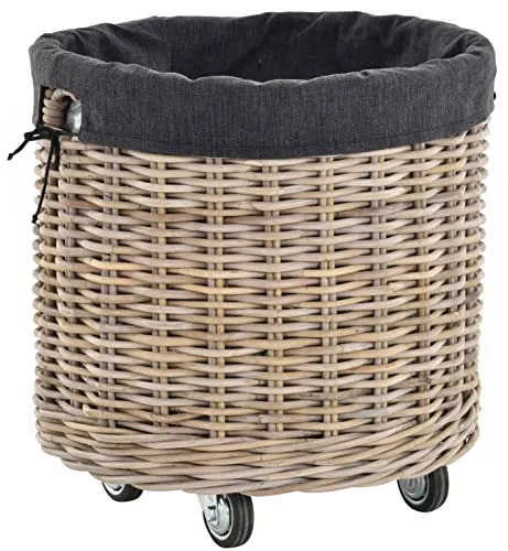 Großer Rollkorb mit Griffen/Holzkorb mit Rollen aus grauem Natur Rattan/Aufbewahrung Holz-Wagen Räder Kaminholz-Korb Kamin Allzweck-Korb mit Inlett (Rund Klein)