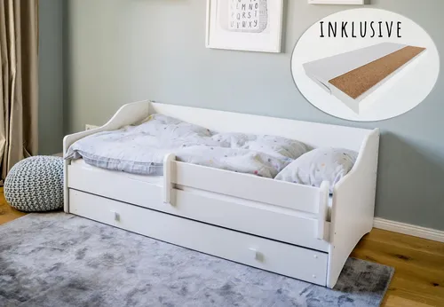 Kids Collective Kinderbett 80x180 cm mit Matratze - Kleinkindbett mit Rausfallschutz und praktischer Schublade, tagsüber als Couch nutzbar, inklusive hochwertiger Kaltschaummatratze, ideal für Kinder von 3 bis 12 Jahren.