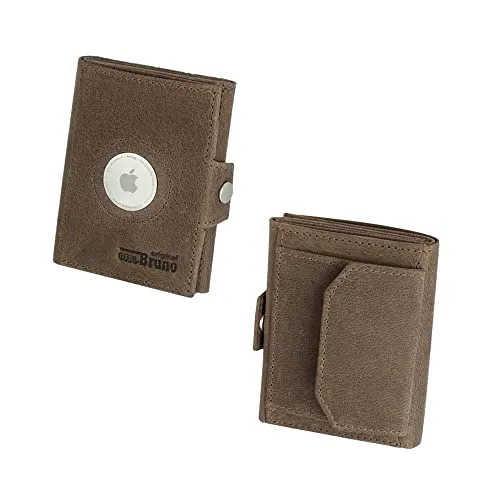 Mini Geldbörse mit Apple AirTag Fach Herren Braun Leder RFID Schutz, Minigeldbeutel Kartenetui Portemonnaie, Slim Wallet mit Münzfach