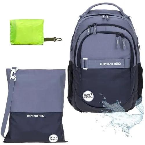 Schulrucksack Jungen Mädchen ab 3. Klasse Schule Tasche Brustgurt Schultasche Rucksack mit Sportbeutel Attach Bag und Regenhülle Premium 3 Teile Set Auswahl rtp (Color Block Schwarz Athrazit 13047)