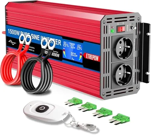 ETREPOW 1500w Spannungswandler 24v Auf 230v Reiner Sinus Wechselrichter mit 2 EU-Steckdose und Einer 2,1A USB,Drahtlose Fernsteuerung,LCD Bildschirm -Spitzenleistung 3000w Kfz Konverter
