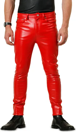 Bockle® F-Skinny Red Lederhose - Rote Kunstleder Röhre für Herren - Stylische Bockle® F-Skinny Hose aus hochwertigem Stretch-Kunstleder. Mit ihrem engen Schnitt und dem modernen Design ist sie der perfekte Begleiter für jeden Anlass. Erhältlich in verschiedenen Farben für individuellen Style.