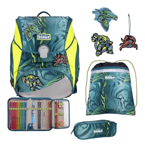 Scout Alpha Set 4-teilig Action Schulranzen - Schulranzen mit reflektierenden Elementen für optimale Sichtbarkeit im Dunkeln. Ideal für sichere Schulwege, Maße: 28 x 40 x 17 cm.