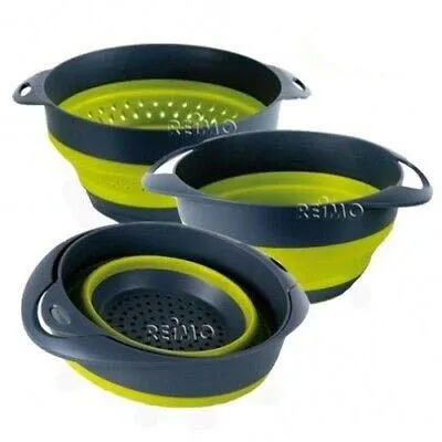 Faltbare Silikon Schüssel + Sieb in Grau/Limette - Platzsparendes Küchenset für Wohnmobile, ideal für Miniküchen. Mit einem Durchmesser von 25,6 cm und 24 cm, aus flexiblem Silikon für einfache Lagerung.