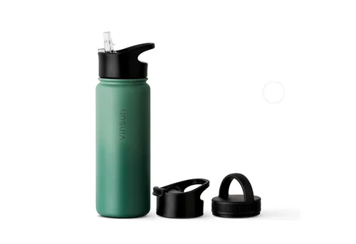 Vinsun Isolierflasche Edelstahl Trinkflasche 500ml, 3 Deckel, auslaufsicher, doppelwandig, 3 Deckel - Strohhalm, Trinköffnung, Schraubverschluss