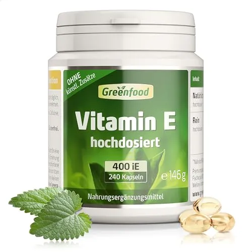Vitamin E, hochdosiert, 400 iE - 240 Kapseln (Softgel). Hochwertiges Tocopherol – schützt die Zellen vor oxidativem Stress (Antioxidant). OHNE künstliche Zusätze - laborgeprüft. Von Greenfood.