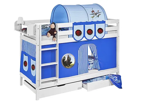 Lilokids Etagenbett JELLE Dragons - Hochbett mit Vorhang und 2 Lattenrosten - Das Etagenbett JELLE von LILOKIDS bietet zwei sichere Schlafplätze in einem fantasievollen Design. Mit stabiler Bauweise und kindgerechter Höhe ist es ideal für Geschwister und Übernachtungsgäste. Inklusive Lattenroste und Vorhang.