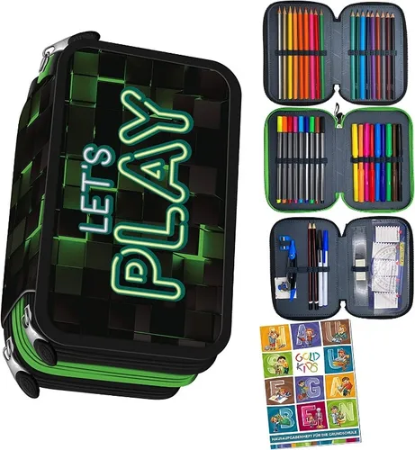 St. Right XXL Federtasche 46-teilig - Schüleretui Dark Game - 3-stöckige Federmappe mit 46 Teilen, ideal für Schule und Kindergarten. Praktische Fächer für Stifte und Schreibzubehör, inklusive Hausaufgabenheft für eine organisierte Nutzung.