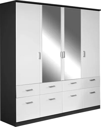 rauch Drehtürenschrank BREMEN, 181 cm, Alpinweiß, Grau metallic, 4 Türen, 8 Schubladen, mit Spiegel - Geräumiger Kleiderschrank mit 4 Drehtüren und 8 Schubladen für optimalen Stauraum. Variabel einsetzbare Einlegeböden und platzsparende Lieferung. Made in Germany.