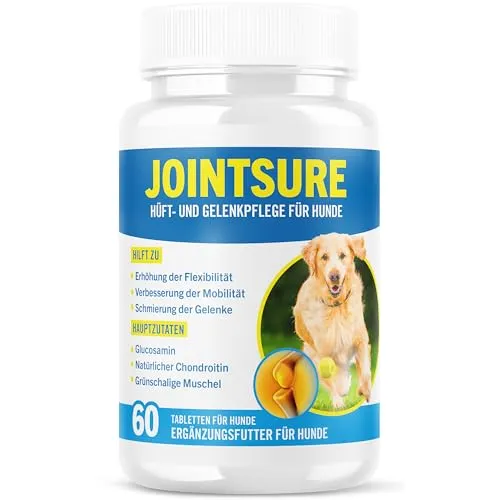 Gelenktabletten Hund - JOINTSURE Premium Gelenk Kapseln, 60 Tabletten mit Glucosamin, Gelenkpulver & Grünlippmuscheln, für verbesserte Mobilität & Gelenkgesundheit bei Hunden