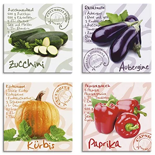 ARTland Wanddeko Küchenbilder Leinwand Bilder Set 4 teilig je 30x30 cm Quadratisch Wandbilder Gemüse Rezepte Zucchini Aubergine Kürbis Paprika S6PG