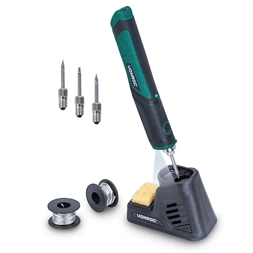 VONROC Lötkolben Set Akku - kabellose Lötstation mit 25 Sek. Aufheizzeit - Lötgeräte: Genießen Sie maximale Bewegungsfreiheit mit diesem leichten Lötkolben, der in nur 25 Sekunden aufheizt und über 4 verschiedene Lötspitzen verfügt.