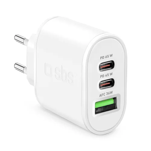 SBS GaN 65W Ultraschnelles Ladegerät mit USB-A und USB-C, Weiß - Hochwertiges Schnellladegerät mit 65W Leistung, ideal für schnelles Aufladen von Geräten. Kompakt und vielseitig für den täglichen Einsatz.