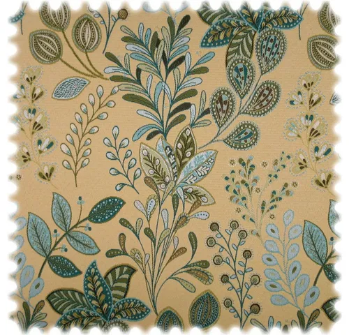 Jacquard Flachgewebe Möbelstoff Flores Grünbeige - Trendiger Jacquard Möbelstoff mit modernem Blätter-Design, ideal für Polstermöbel, Kissen und mehr. Verleihen Sie Ihrer Einrichtung einen einzigartigen Blickfang!