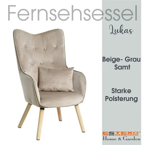 ESTEXO Fernsehsessel Lounge Relaxsessel Beige/Grau Samt - Bequemer Fernsehsessel mit losem Kissen und attraktiver Knopfsteppung; ideal zum Entspannen in stilvollem Design; perfekt für Wohnzimmer oder Leseecke.