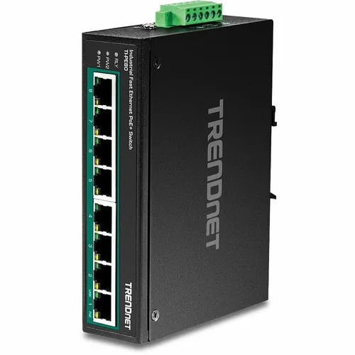 TRN TI-PE80 - 8-Port Fast Ethernet PoE+ Switch - Industrieller Netzwerk-Switch mit 8 PoE+ Ports und 200 Watt Gesamtleistung, ideal für raue Umgebungen von -40° bis 75°C. Robustes Metallgehäuse, redundante Stromversorgung und einfache Installation.