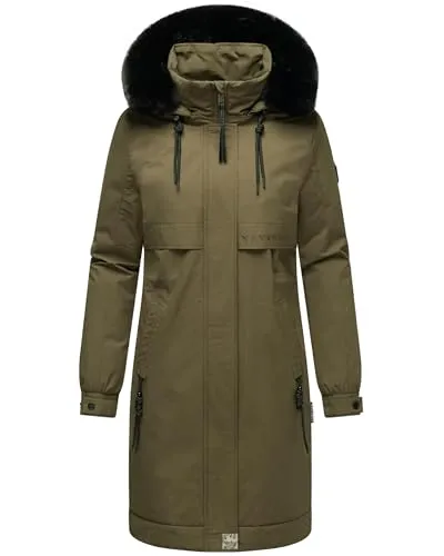 Navahoo Damen Mantel - Lange warme Winterjacke mit abnehmbarer Kapuze und Kunstfell - Funktionsjacken - Stylischer und funktionaler Mantel, wasserabweisend und winddicht, ideal für kaltes Wetter mit verstellbarer Kapuze und viel Stauraum.