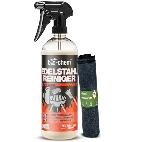bio-chem Edelstahlreiniger 750ml + Tuch – Glanz & Schutz für Ihre Edelstahloberflächen - Effektiver Edelstahlreiniger für streifenfreie Reinigung. Schützt vor Fingerabdrücken und Fett, ideal für Küche und Grill. Umweltbewusst in Deutschland hergestellt.