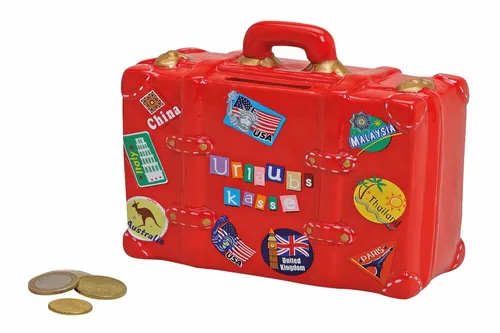 Spardose Urlaubskasse rot in Kofferform - Hochwertige Sparbüchse in Kofferform, ideal zum Sparen für den nächsten Urlaub. Abschließbar mit Schlüssel und Schloss, perfekt als Geschenk für Reisefreunde.