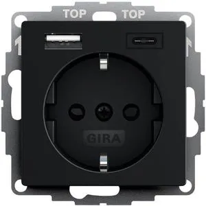 Gira Steckdose System 55 2459005, Unterputz, 1-fach, schwarz matt mit USB-A und USB-C - Steckdose mit integriertem USB-A (2,4 A) und USB-C (3 A) für schnelles Laden. Hochwertiges, bruchfestes Gehäuse und Safety+ Berührungsschutz. Ideal für modernes Wohnen.