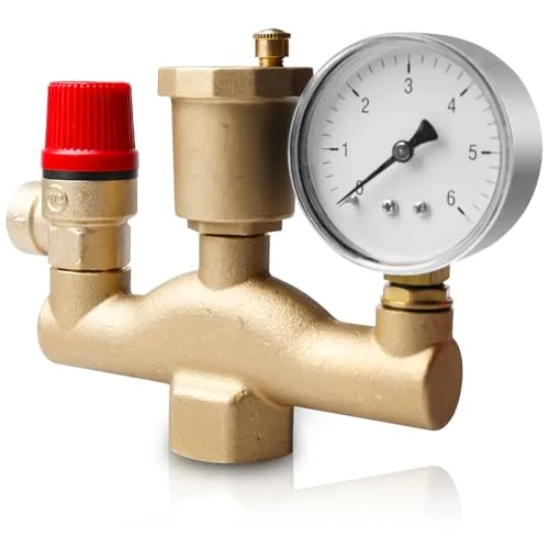 GBKDQQ Kesselsicherheitsgruppe: 1 Stück Geräuschreduzierendes Messing Sicherheitsventil, Druckentlastung und Manometer für Heizungsanlage (DN25/3 bar)