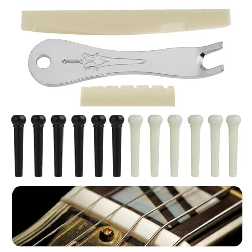 Annlpoy 12 Stück Gitarre Pins Brücke Kunststoff Gitarre Bridge und 2 Gitarrensattel mit Brückenpin-Entferner, Werkzeugset für Akustikgitarren, Hochwertiges Zubehör für Gitarrenreparatur und Wartung
