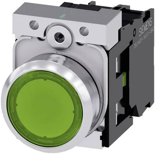 Siemens Drucktaster 1S, 24VAC/DC 3SU1152-0AB40-1BA0 - Hochwertiger Leuchtdrucktaster SIRIUS ACT, IP67/IP69K, ideal für industrielle Anwendungen. Einfache Montage ohne Spezialwerkzeug und mit robustem Metalldesign.