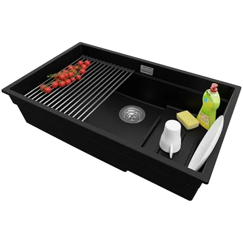 PRIMAGRAN Unterbauspüle Granit Schwarz 76x47cm, Spülbecken 1 Becken + Ablauf-Set + Aufrollbare Abtropffläche, Granitspüle ab 80er Unterschrank - Praga S273
