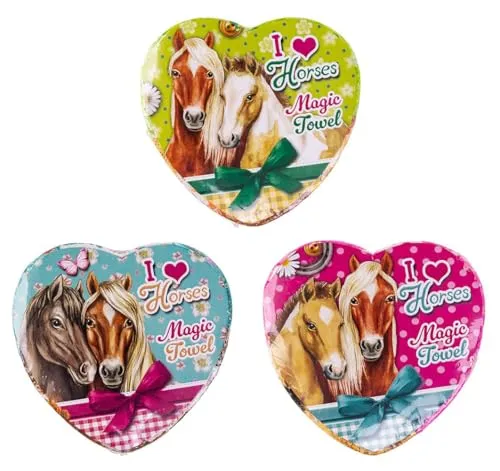 Magisches Handtuch Pferd mit Herz I Love Horses (3er Set) 30x30 cm - Zauberhandtuch Pferde, Kinder Handtuch für Pferdeliebhaber, Kindergeschenk, Ostergeschenk, Wichtelgeschenk