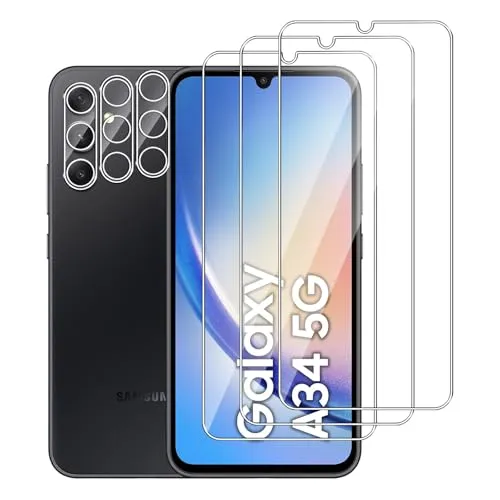 Dlxiks Panzer Schutz Glas für Samsung Galaxy A34 5G, 3 Stück Schutzfolie Mit 3 Stück Kameraschutz, 9H Härte, Anti-Kratzen, 9H Härte, HD Klar Displayschutzfolie für Samsung Galaxy A34 5G