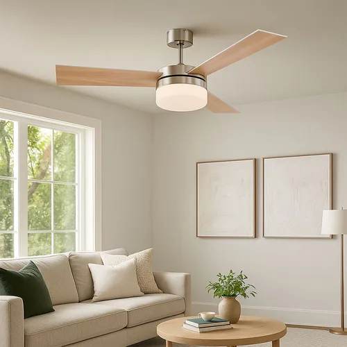 Globo Alana 0333 Deckenventilator mit Fernbedienung - Moderne Ventilator-Deckenleuchte mit wendbaren Flügeln in Silber/Buche und leiser Motor für optimale Luftzirkulation. Ideal für Räume bis 15 m² und Heizkostensparend durch Rücklauf-Funktion.