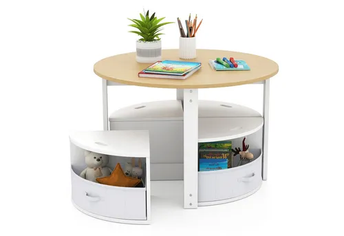GOPLUS 5-tlg. Kindertisch mit 4 Hockern – Platzsparendes Möbelset für Kinder - Vielseitiges Kindermöbel-Set mit runden Tisch und 4 nestbaren Hockern für optimale Raumnutzung. Integrierte Stoffschubladen fördern Ordnung und bieten Stauraum für Spielzeug. Ideal für Spielzimmer, Kindergarten oder Kinderzimmer.