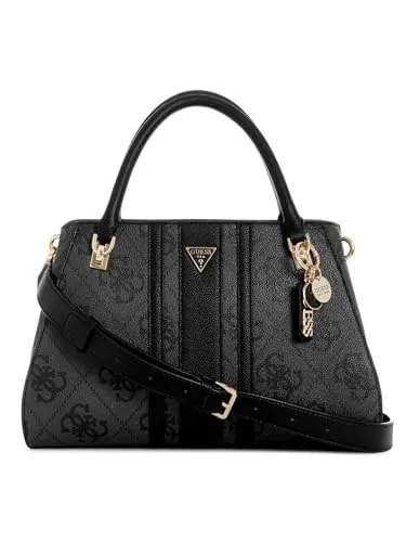 GUESS Handtasche Umhängetasche Noelle II Luxury Satchel Coal Logo dunkelgrau - Elegante Handtasche in Coal Logo mit goldfarbenen Details. Geräumiges Hauptfach mit praktischen Fächern für optimale Übersicht. Verstellbarer Schulterriemen für vielseitigen Tragekomfort und verstärkter Boden für Stabilität.