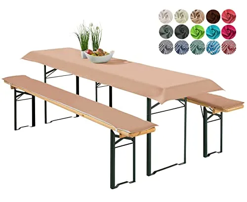 heimtexland ® Bierzeltgarnitur Auflagen Set 3-teilig - Bankauflagen Set in Beige für Bierzeltgarnitur (Tischmaß 70x220 cm) - strapazierfähig, pflegeleicht und bequem mit PU-Schaum Füllung, ideal für gesellige Anlässe.