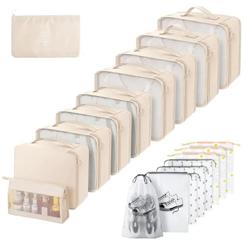 Gemtte Koffer Organizer Set 18-teilig, Wasserdicht Packing Cubes, Multifunktionale Travel Packwürfel, Kofferorganizer Packtaschen für Koffer, Reise Organizer Set Mit Kleidertaschen (Beige)