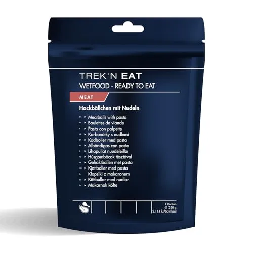 Trek'n Eat Hackbällchen mit Nudeln – Ready to Eat – Sofort verzehrfertig ohne Kochen – Ideal für Outdoor, Camping, Trekking & Notvorrat – Langlebig, nahrhaft & einfach genießen