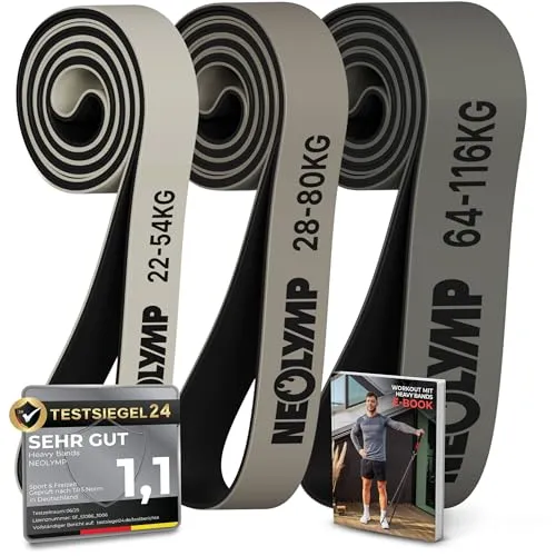 NEOLYMP Widerstandsbänder aus Naturlatex - 3er Set für Krafttraining (22-116 kg) - Die langlebigen NEOLYMP Widerstandsbänder bieten hohen Widerstand und sind ideal für intensives Training. Inklusive E-Book mit Übungen für Anfänger und Fortgeschrittene, perfekt für dein Home Workout.
