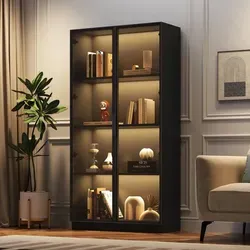 Merax Glasvitrine mit LED, 80x40x160cm, Hochschrank mit App-Steuerung, Doppeltür-Vitrine mit Einlegeböden, Standvitrine Schwarz - Schwarz