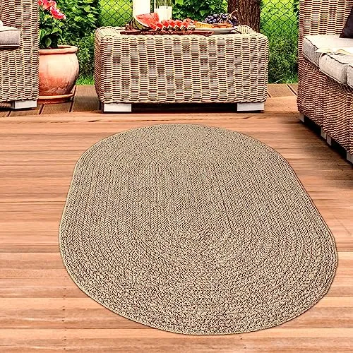 CARPETIA Robuster In- und Outdoor Teppich modern Jute Look wetterfest Balkon Terrasse Esszimmer 140x200 cm oval