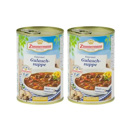 Food-United GOURMET GULASCHSUPPE 2x400ml Dose | herzhaft | pikant | aus Bayern von ZIMMERMANN | bayerische Spezialität | Rindergulasch-Suppe mit Gemüse verfeinert