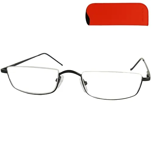 Mini Brille Metall Halbrand oben Lesebrille Halbbrille Rechteckig, Gratis Etui und Brillenputztuch, Edelstahl Rahmen (Schwarz) mit Federscharnier, Lesehilfe Damen und Herren +1.5 Dioptrien